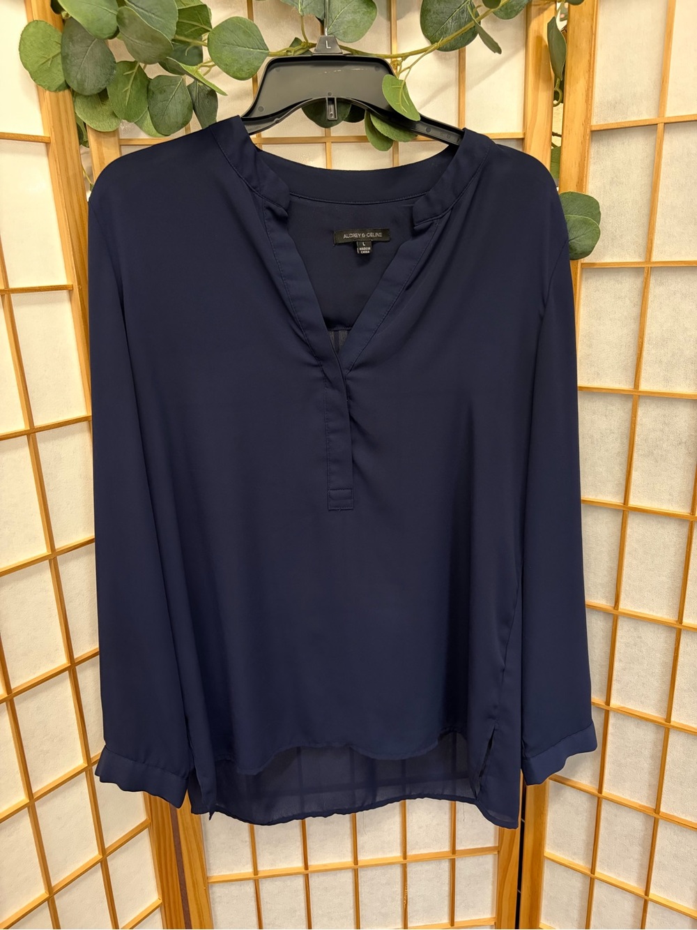 Audrey & Grace Navy V-Neck Long Sleeve Blouse
